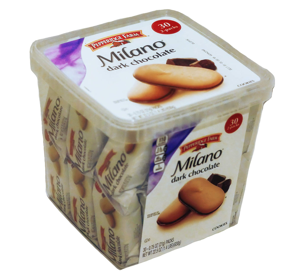 Pepperidge Farm Milano dark chocolate cookies in a tub, crisp texture ideal for sharing.