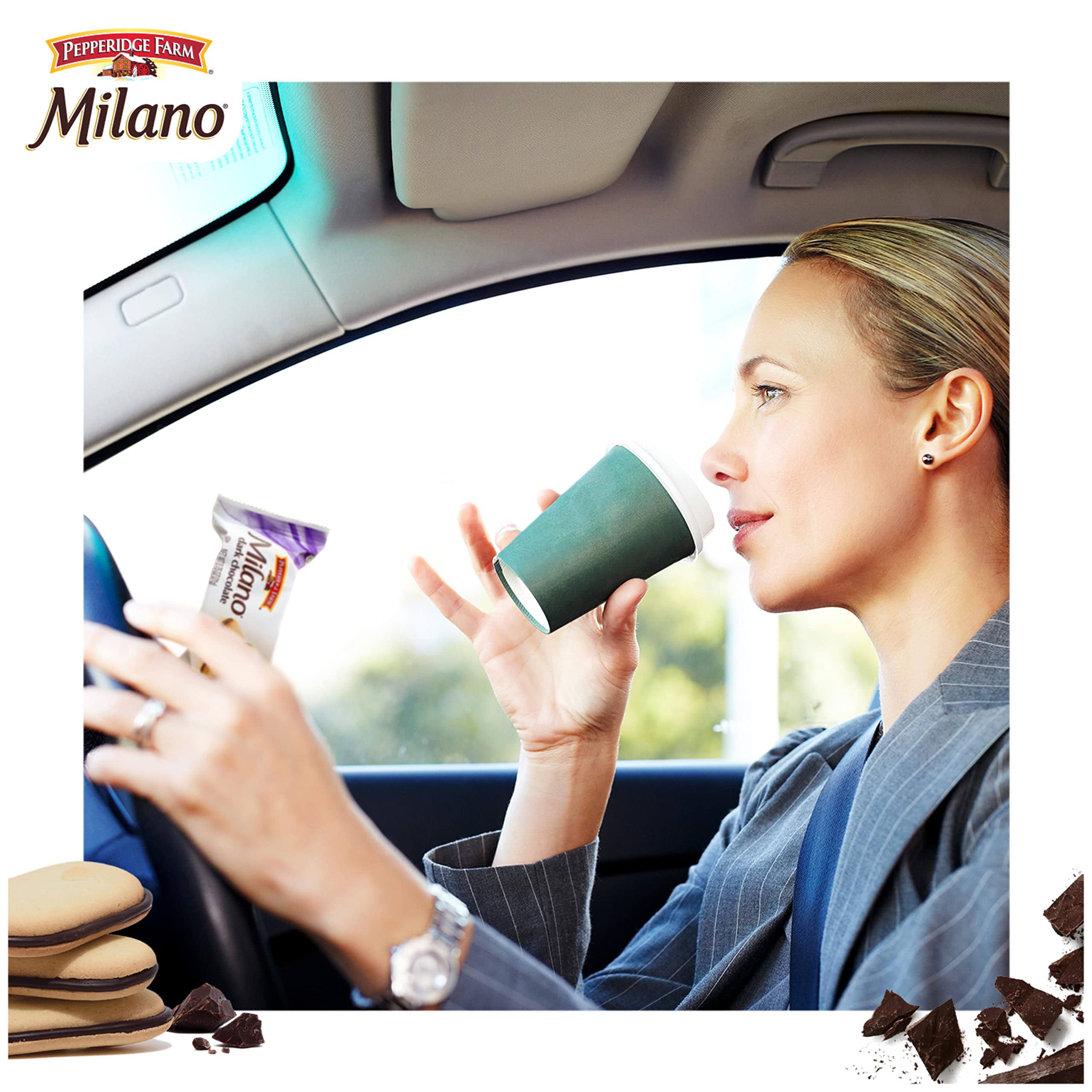 Pepperidge Farm Milano Dark Chocolate snack-in-bag scene for work or gym.