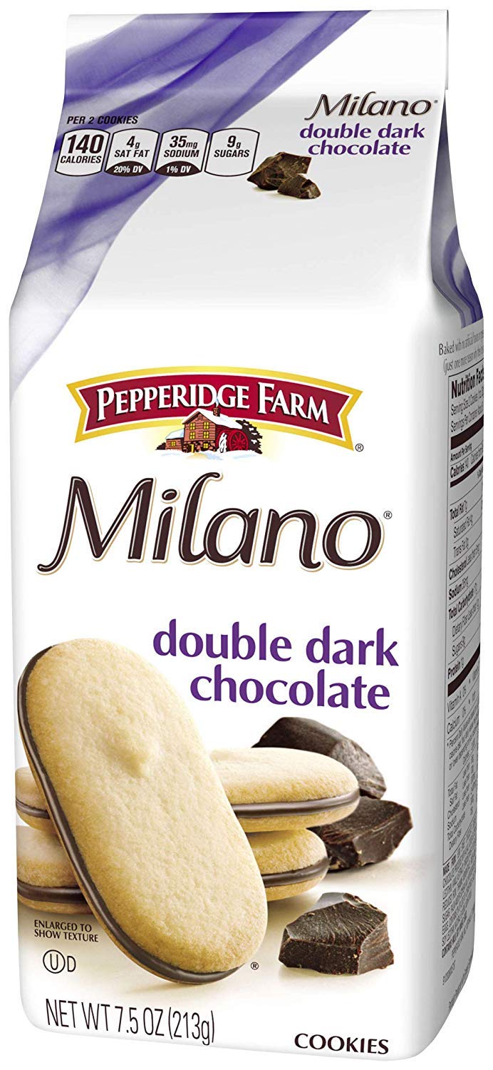 Pepperidge Farm Milano Double Dark Chocolate cookies in a three-bag box, pantry-friendly indulgence.