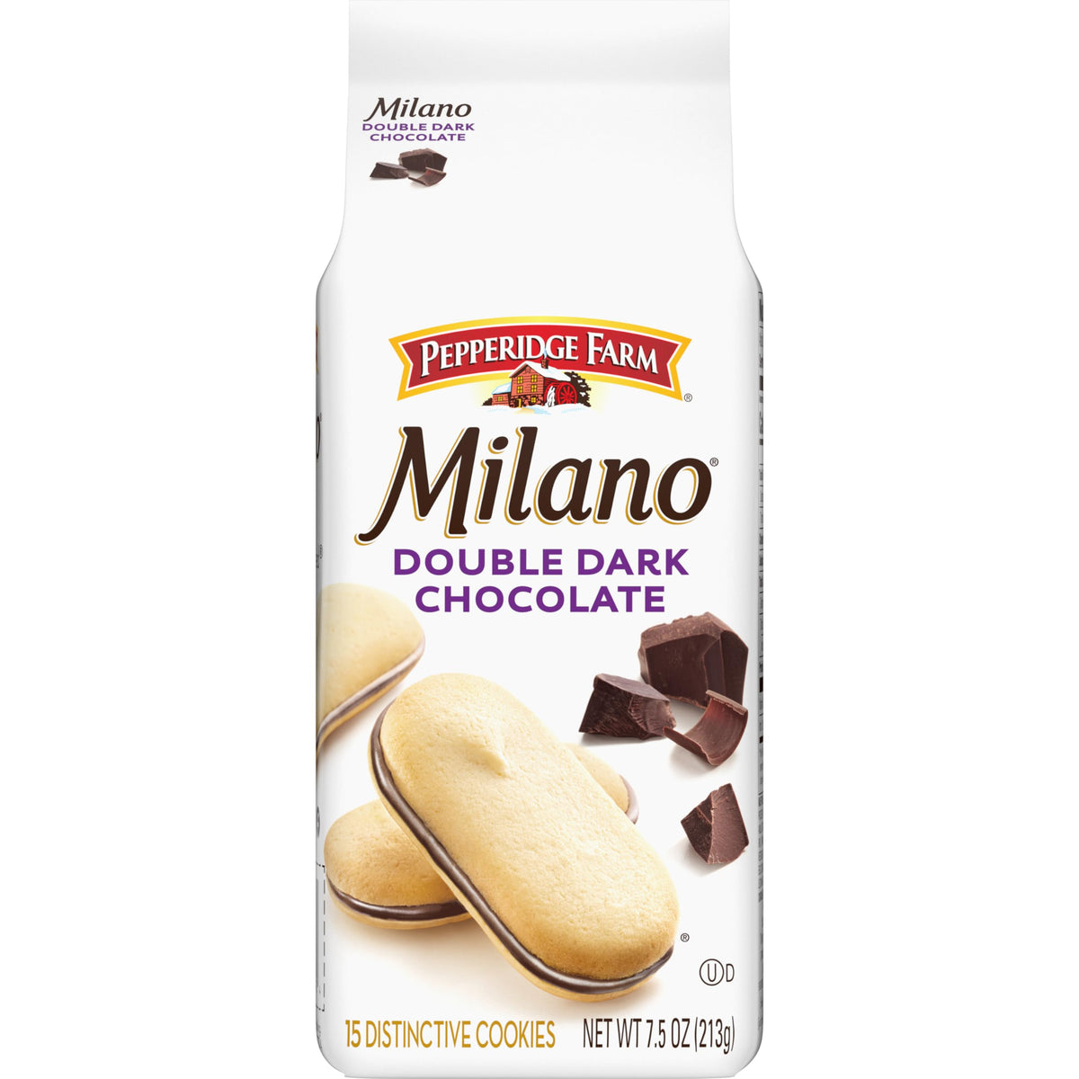 pepperidge farm front packaging showing Milano Double Dark cookies and bag benefit shareable snack