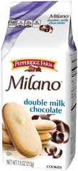 Pepperidge Farm Milano Double Milk Chocolate cookies closeup showing crisp texture.