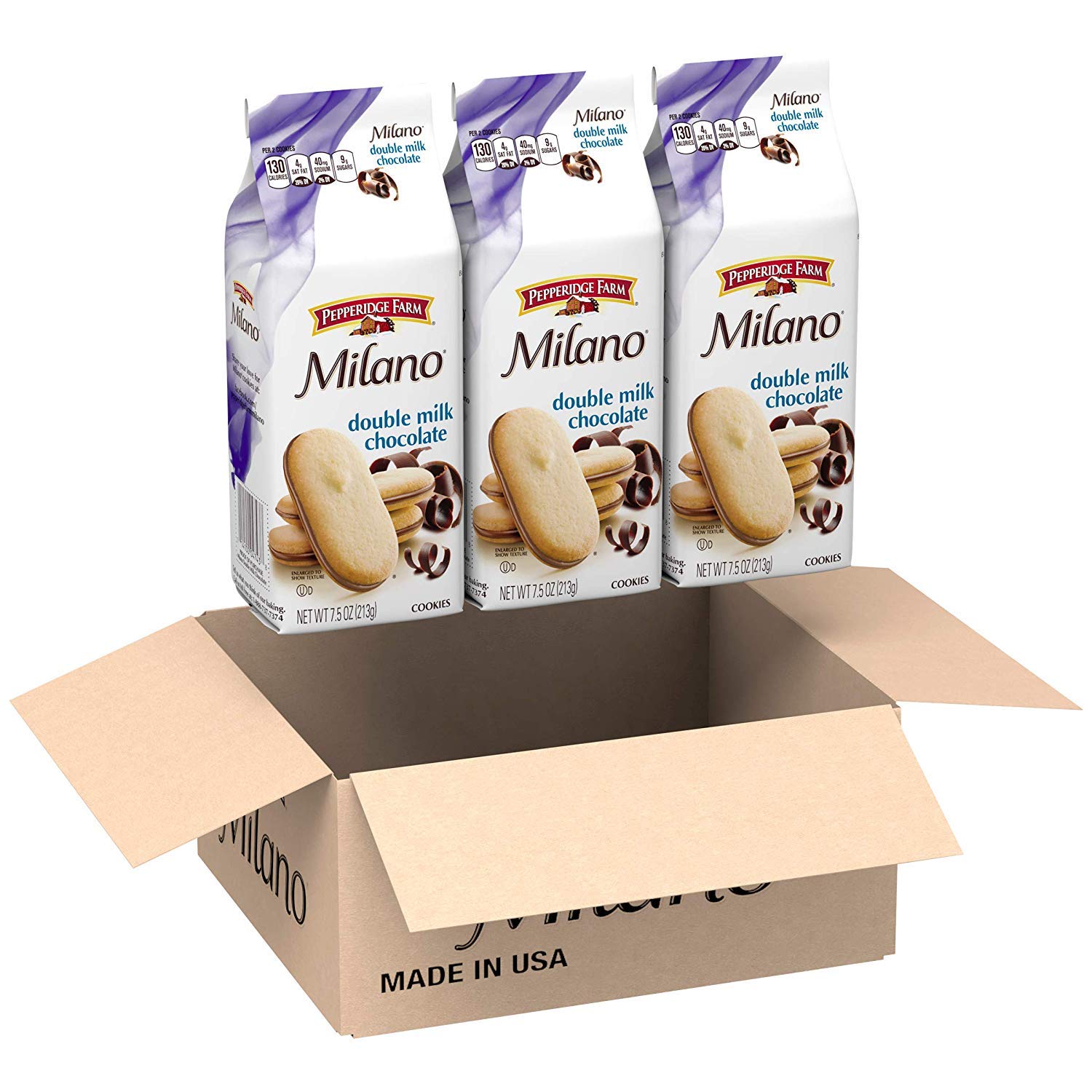 Pepperidge Farm Milano Double Milk Chocolate cookies three-pack display, ideal for indulgent moments.