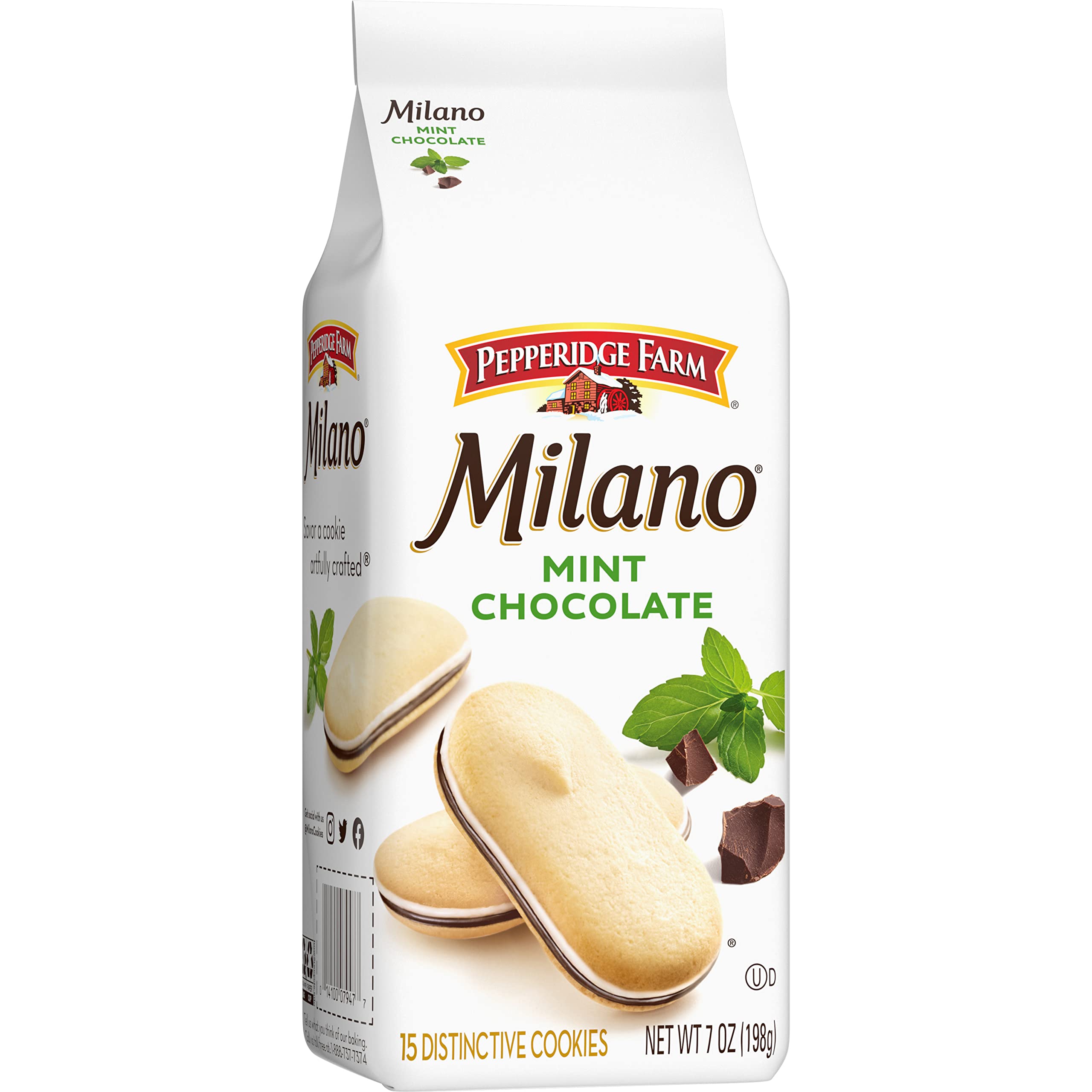 Gift-ready Pepperidge Farm Milano Mint Chocolate Cookies in a festive container