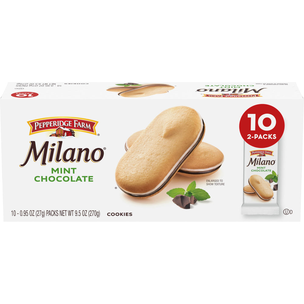 Pepperidge Farm Milano Mint pack close-up showing two cookies, ideal for a quick treat
