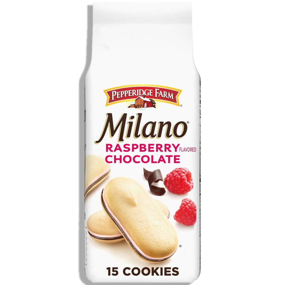 Pepperidge Farm Milano Raspberry Chocolate cookie close-up—crisp layers and indulgent filling
