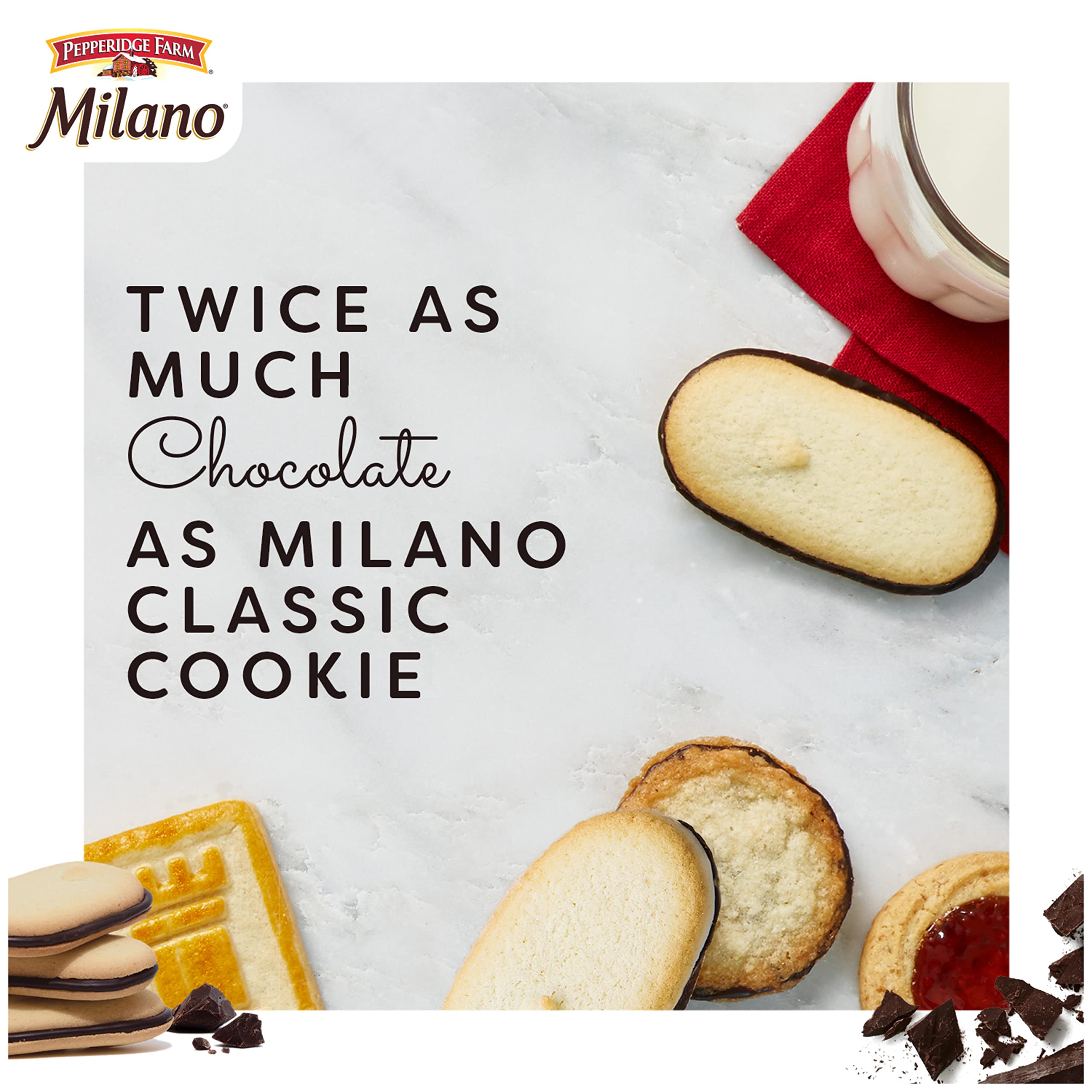 pepperidge farm Milano cookies next to a coffee cup showing portion size and pairing idea