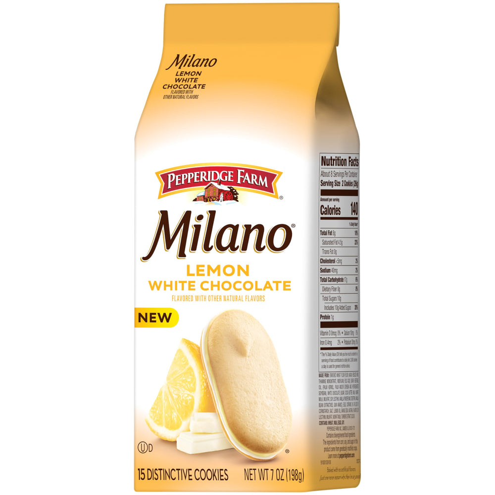 Milano cookies in a snack bag displaying a refined lemon twist