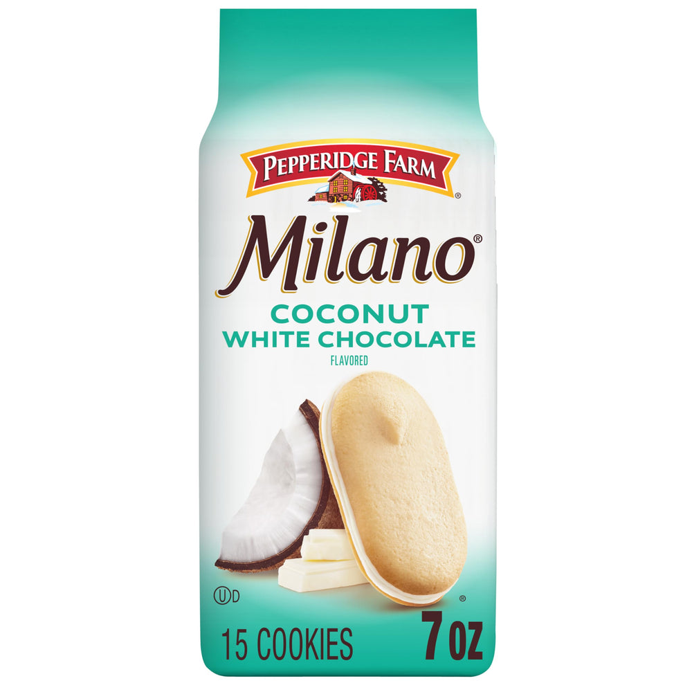 Pepperidge Farm Milano white chocolate coconut cookies in a bag for sharing.
