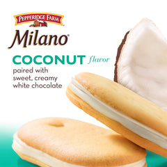 Close-up of Pepperidge Farm Milano white chocolate coconut cookies showing creamy filling.