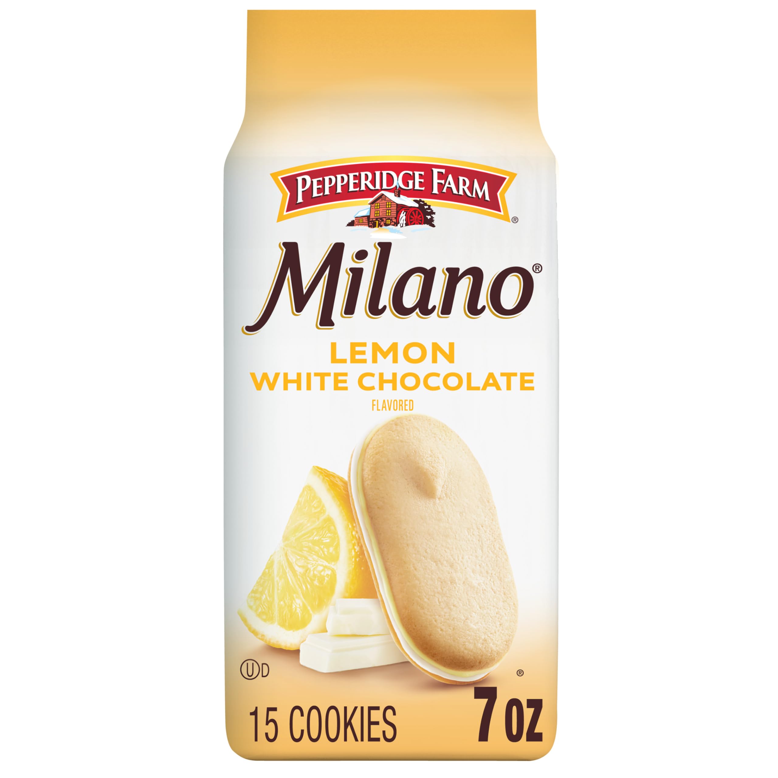 Pepperidge Farm Milano white chocolate lemon cookies pack shown, ideal for entertaining