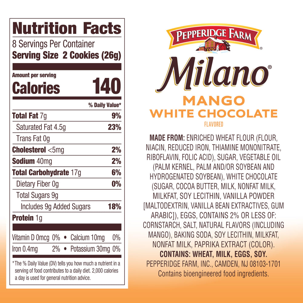 Milano cookies close-up showing creamy white chocolate and mango