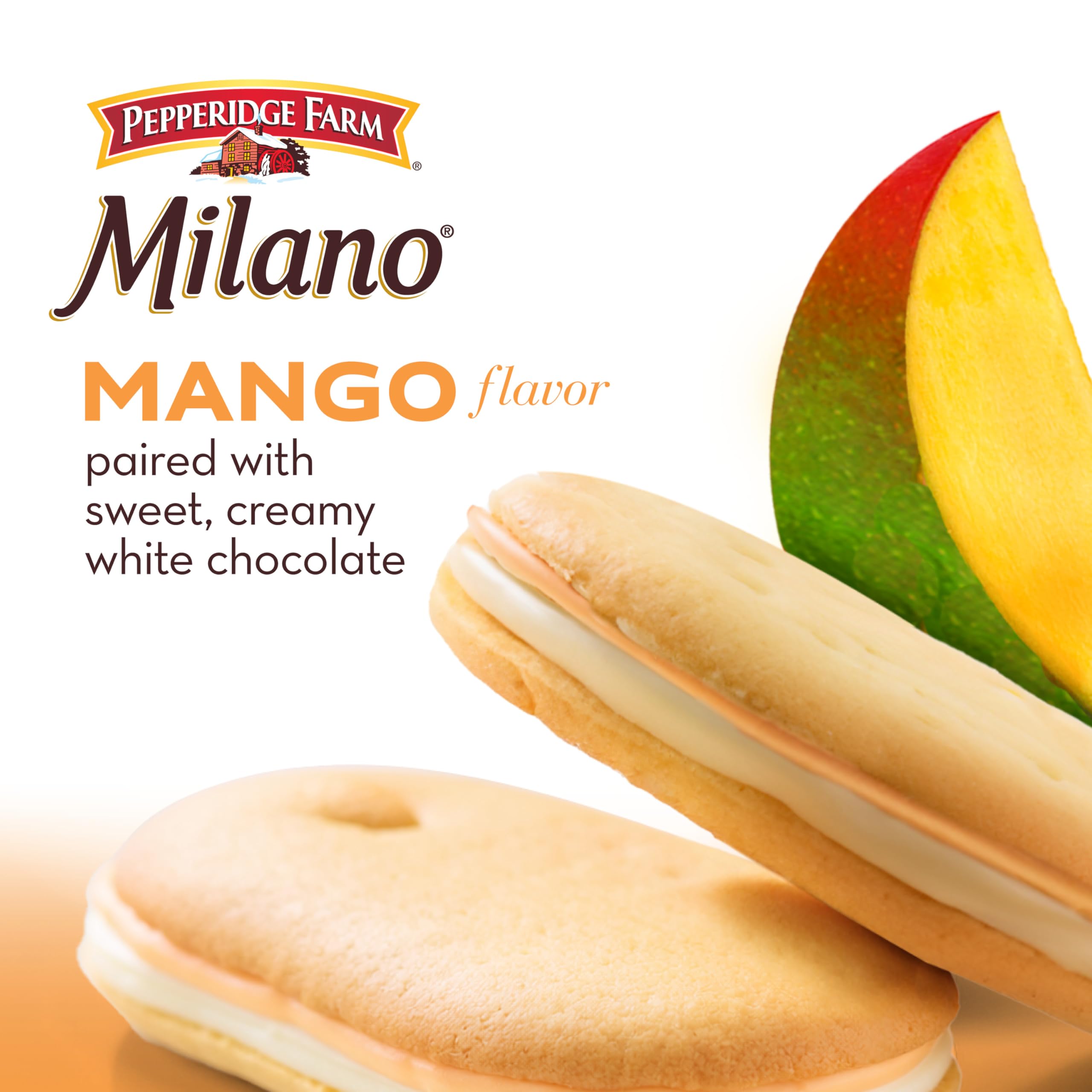Milano cookie detail highlighting mango flavor and white chocolate