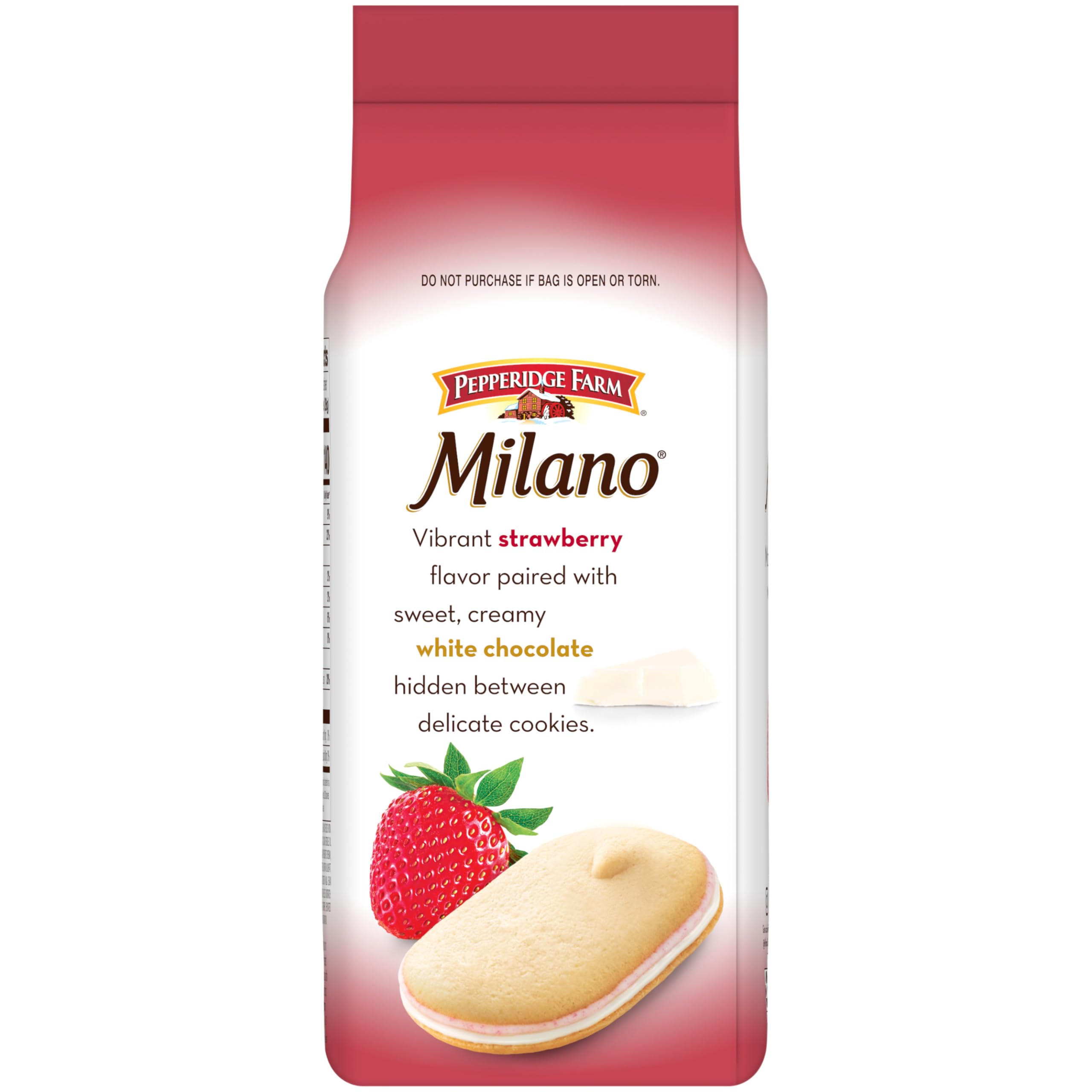 Pepperidge Farm Milano white chocolate strawberry cookies bag on table for sharing