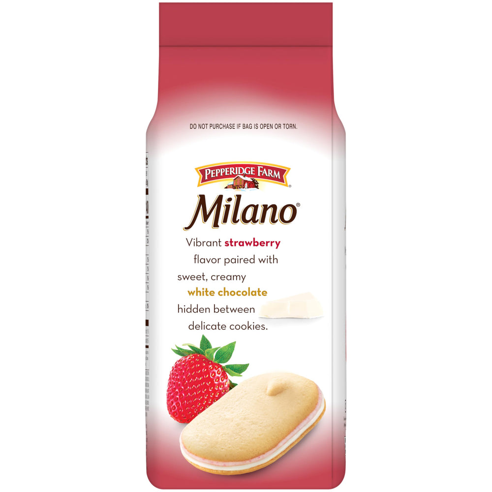 Pepperidge Farm Milano white chocolate strawberry cookies bag on table for sharing