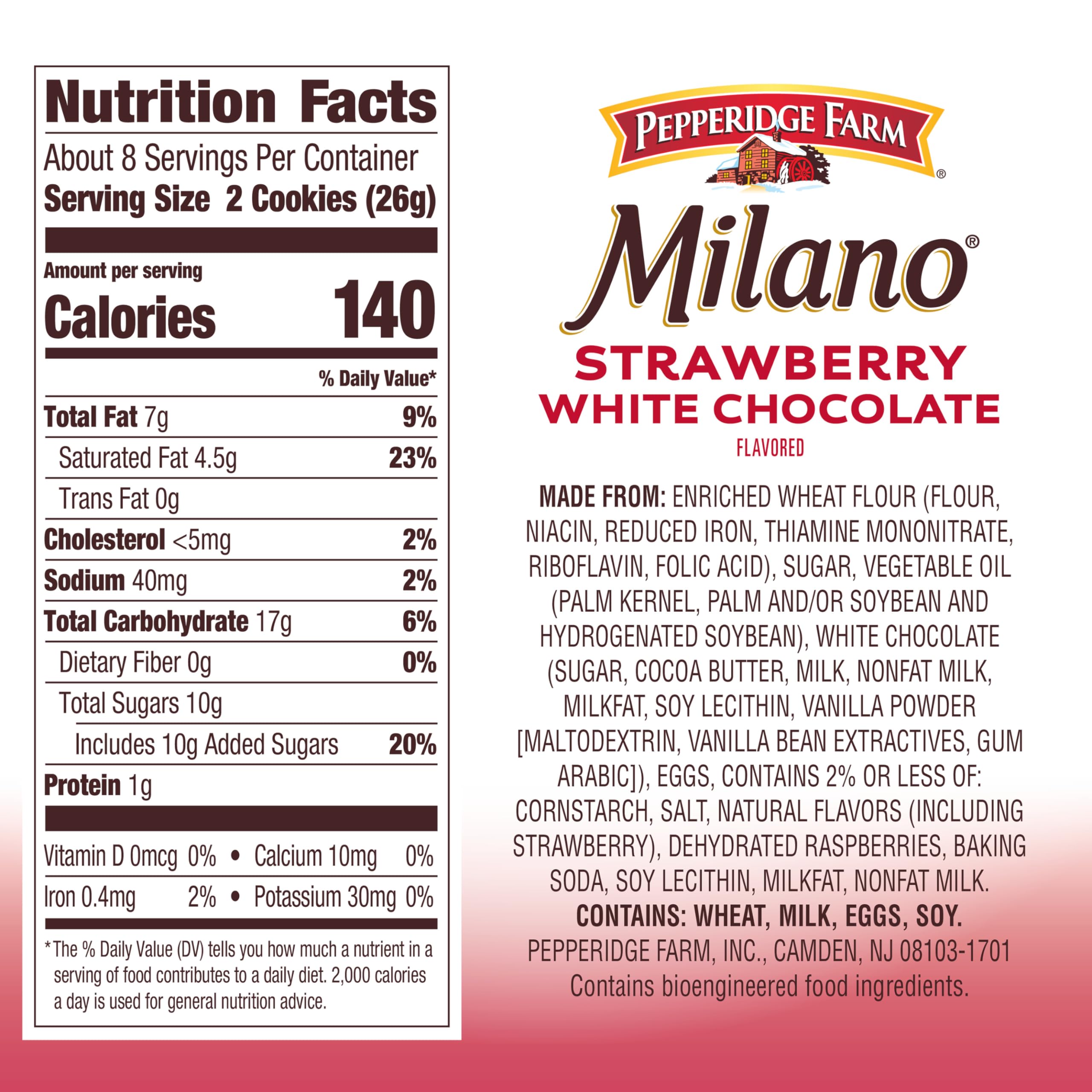 Close-up of Pepperidge Farm Milano cookies showing white chocolate and strawberry cream