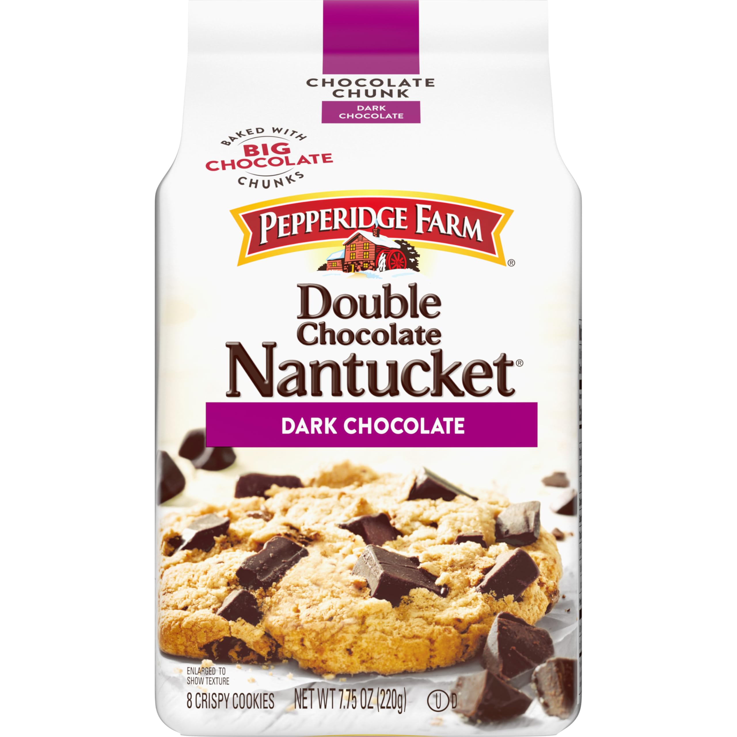 Pepperidge Farm Nantucket cookies bag front showing double dark chocolate chunks for indulgent snacking.