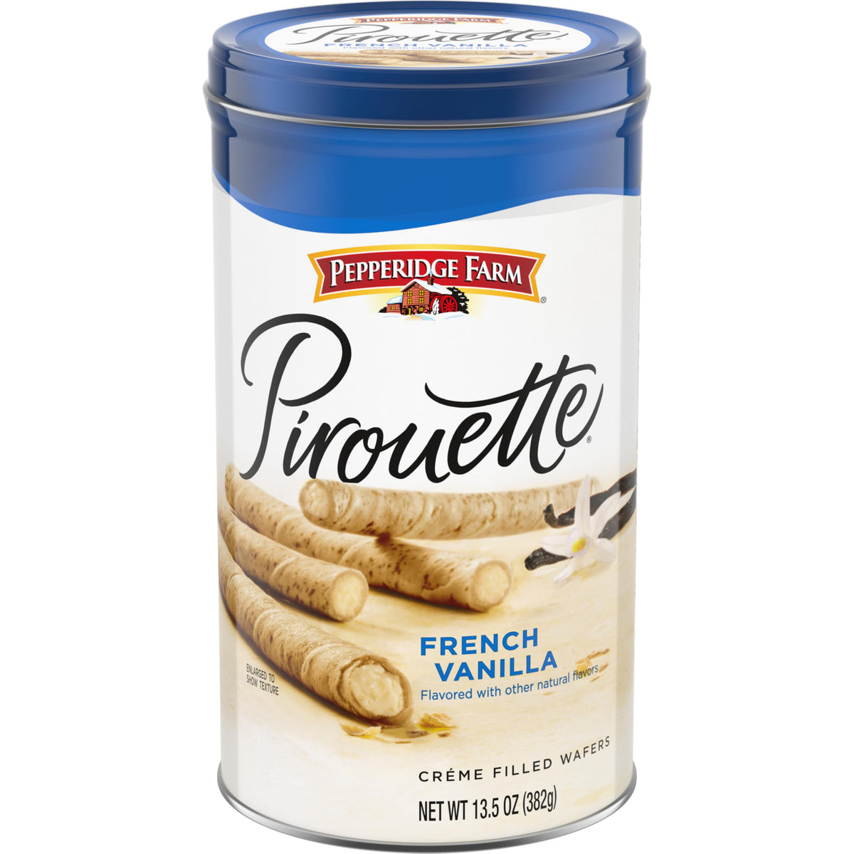 Pepperidge Farm Pirouette tin front with vanilla creme wafers, elegant tea time treat.