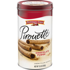 Pepperidge Farm Pirouette tin opened, crisp wafers ready for fresh indulgence.