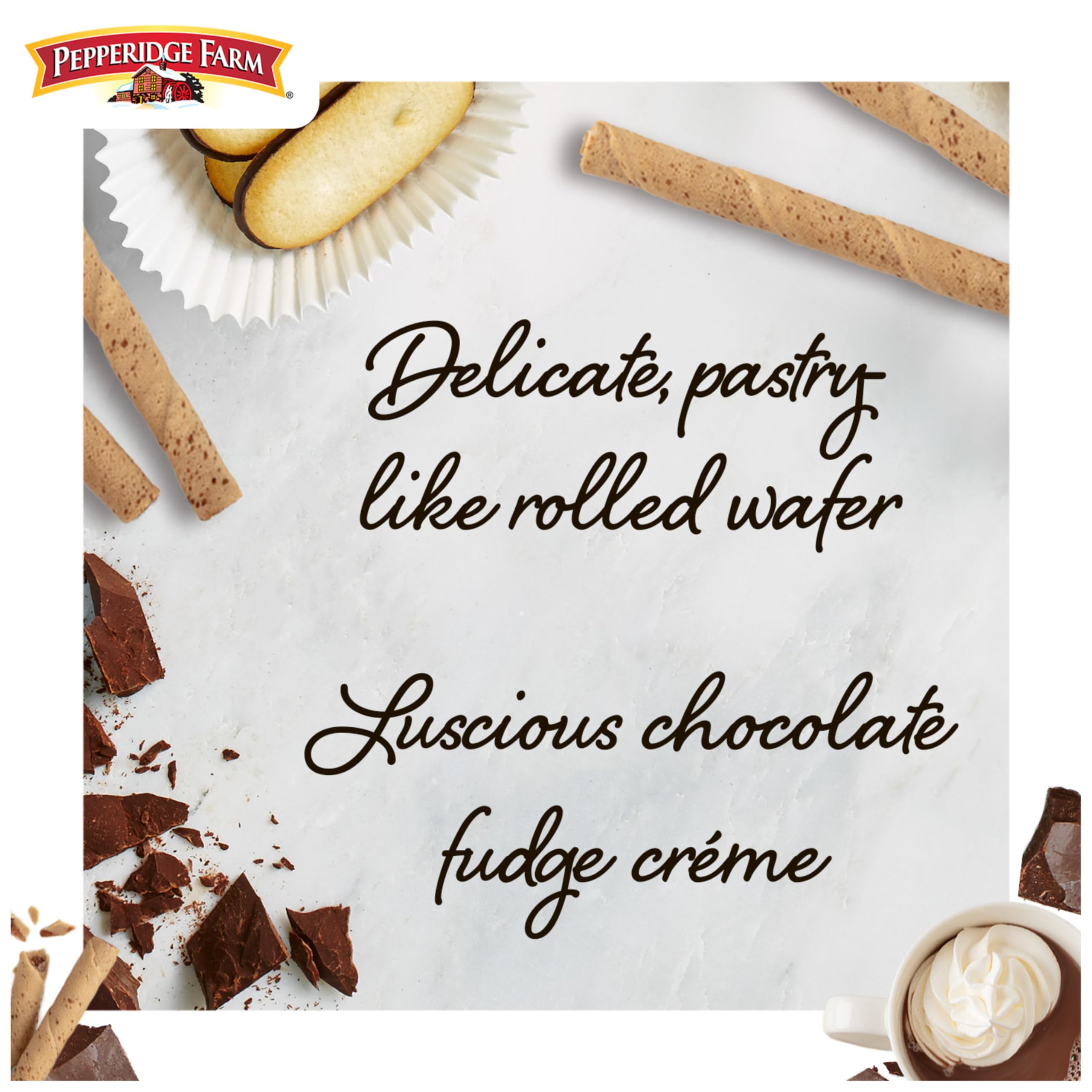 Pepperidge Farm Pirouette wafers on cupcakes, elegant dessert decoration.