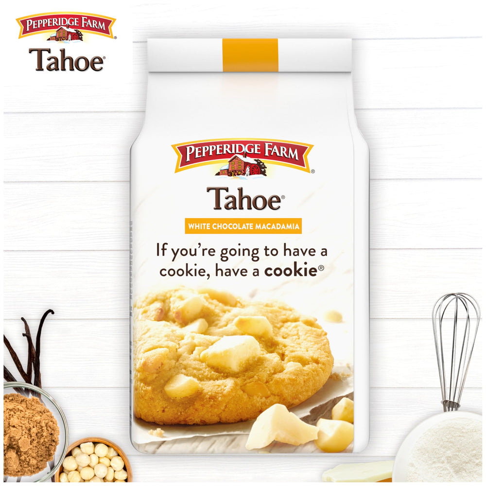 Pepperidge Farm Tahoe cookies macro shot focusing on macadamia nuts and white chocolate in Tahoe cookies.