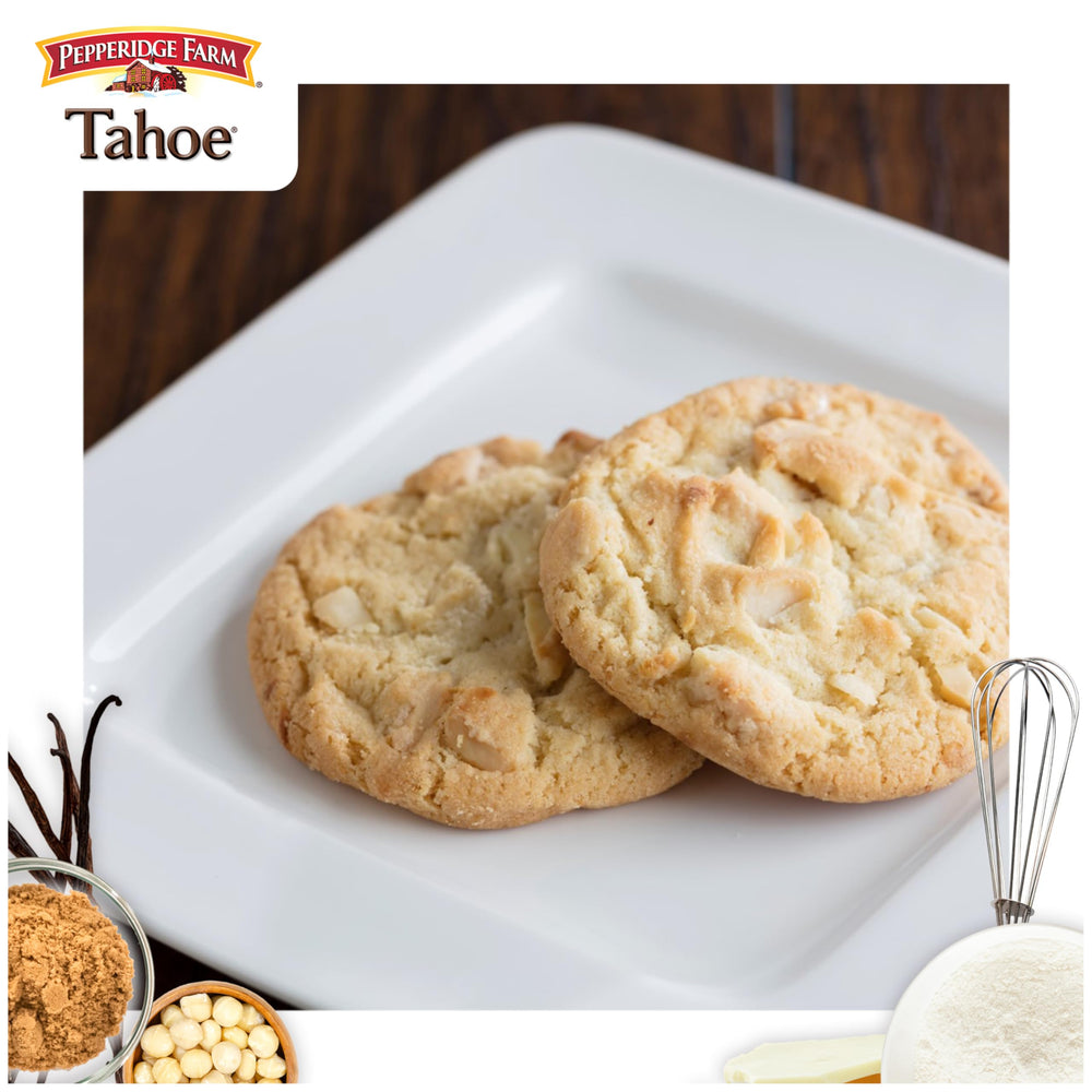 White chocolate chunks and macadamia nuts visible in Tahoe cookies.