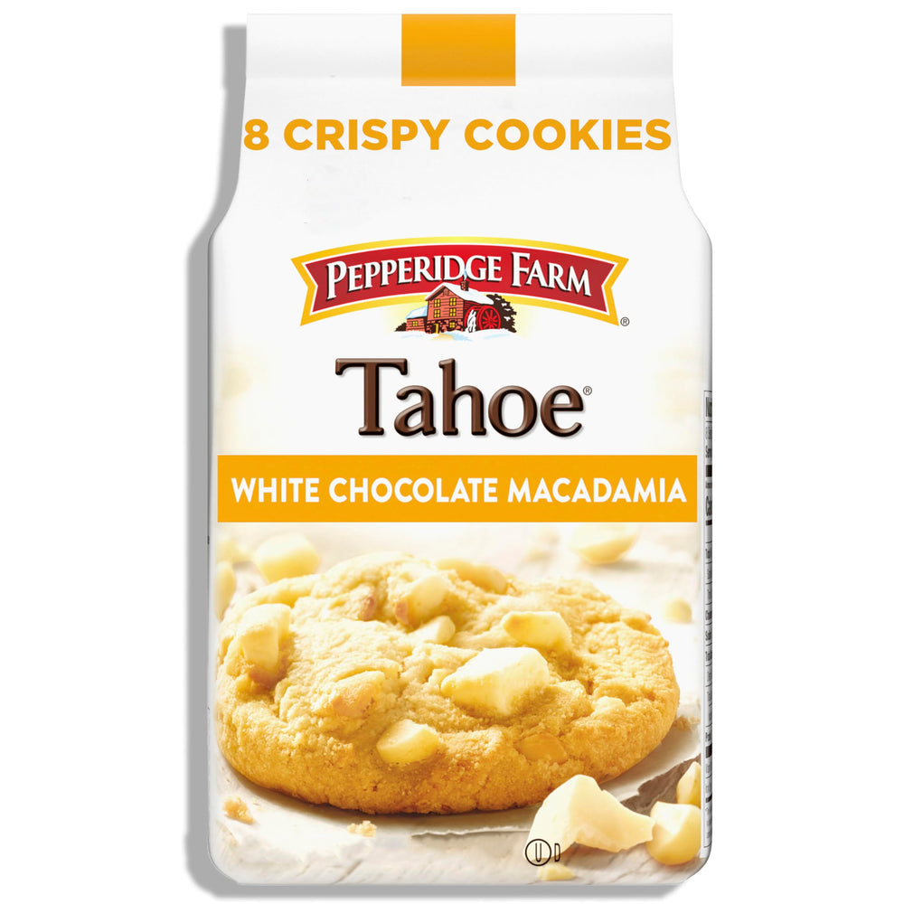 Pepperidge Farm Tahoe cookies on a platter with white chocolate macadamia nuts for sharing.
