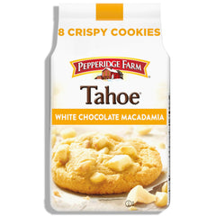 Pepperidge Farm Tahoe cookies on a platter with white chocolate macadamia nuts for sharing.