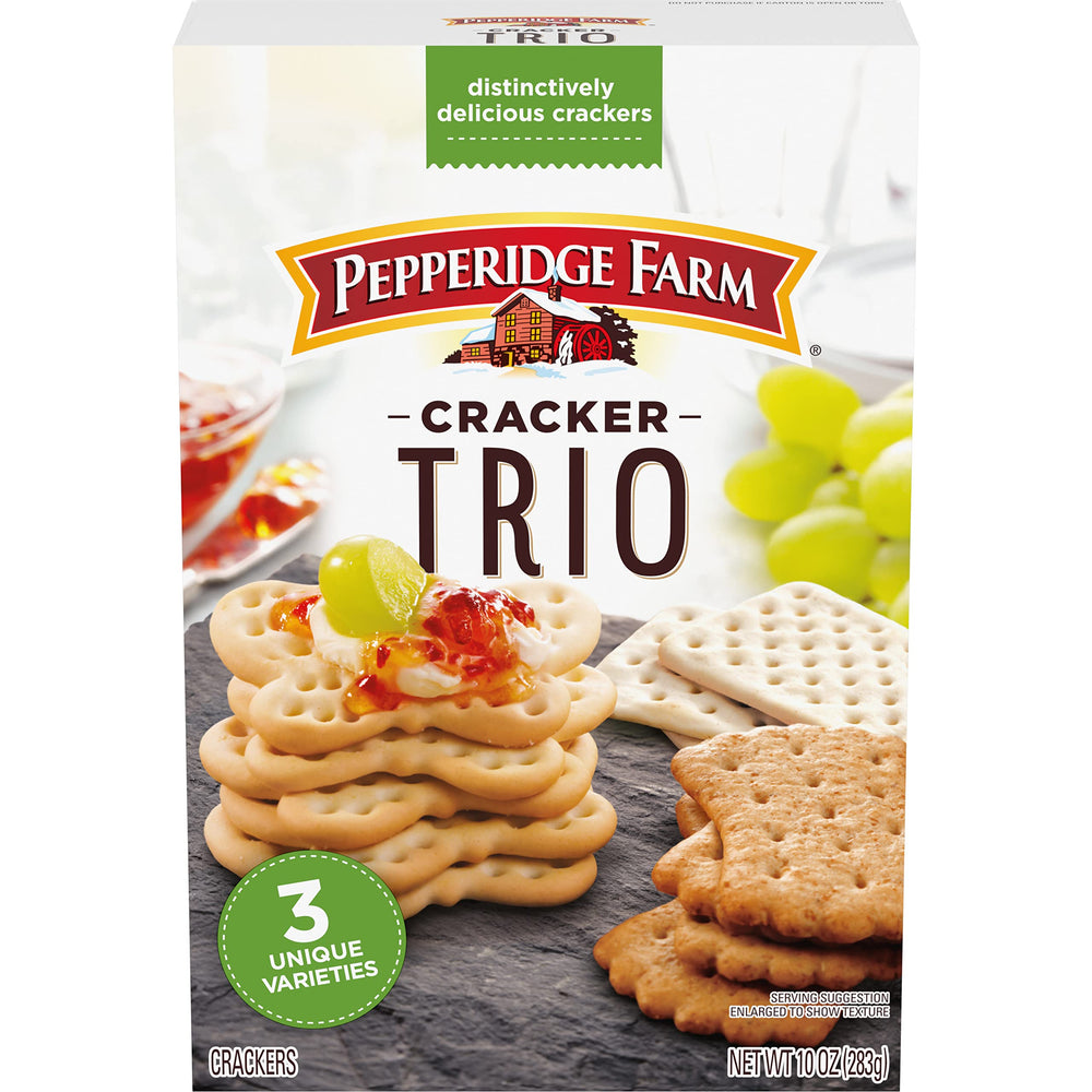 Pepperidge Farm trio front box showing all three cracker varieties and convenience