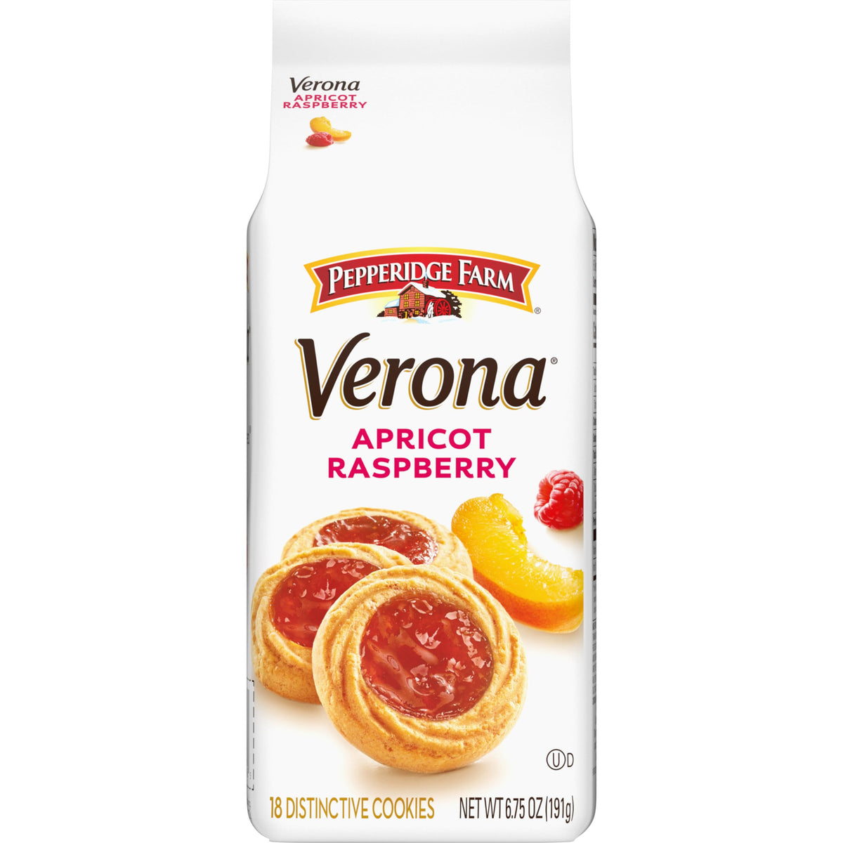 Pepperidge Farm Verona apricot-raspberry thumbprint cookie close-up showing fruit center