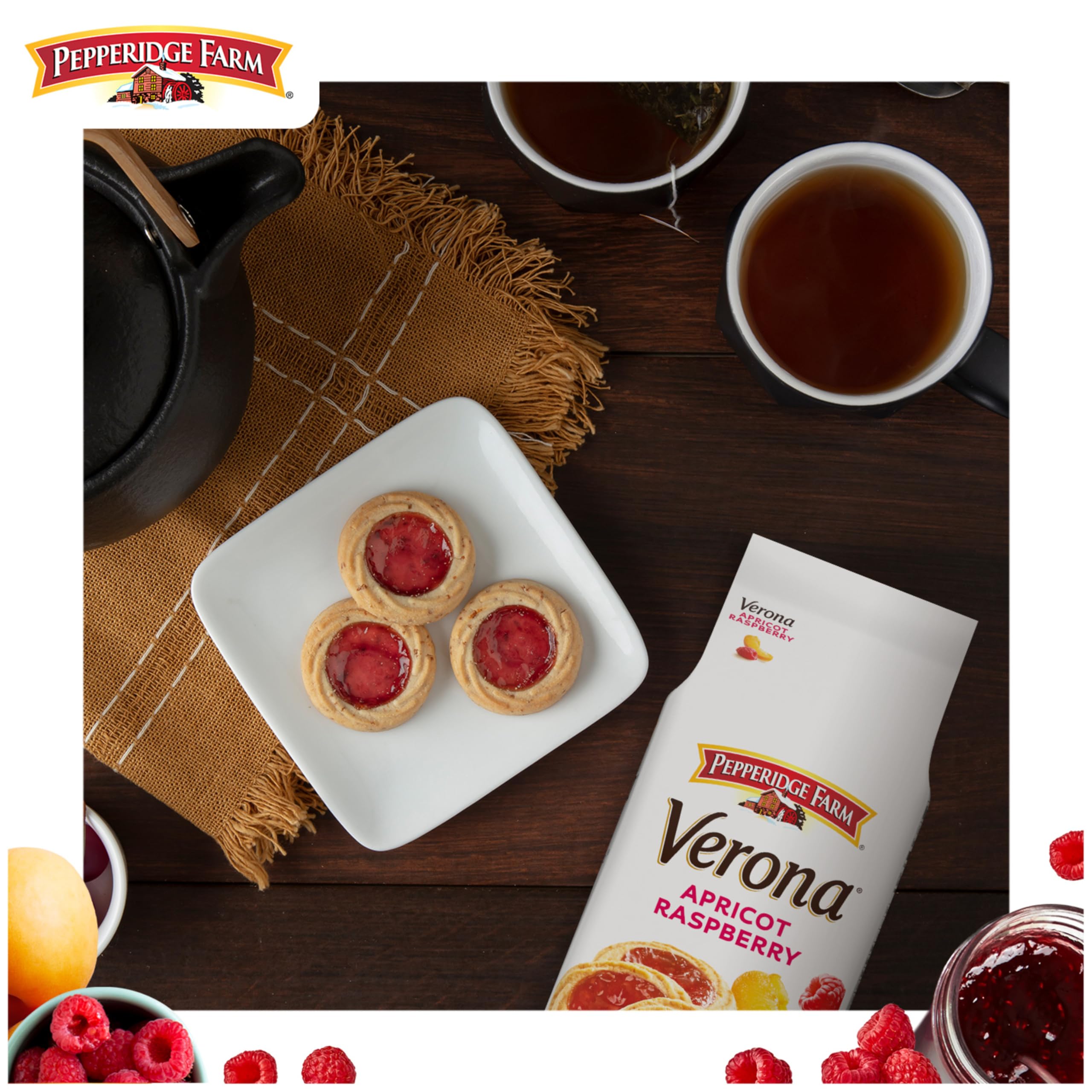Pepperidge Farm Verona apricot-raspberry thumbprint cookie on plate for serve