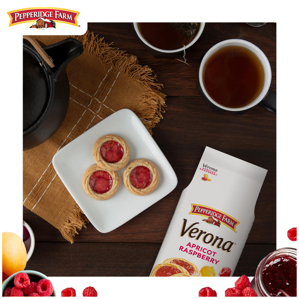 Pepperidge Farm Verona apricot-raspberry thumbprint cookie on plate for serve