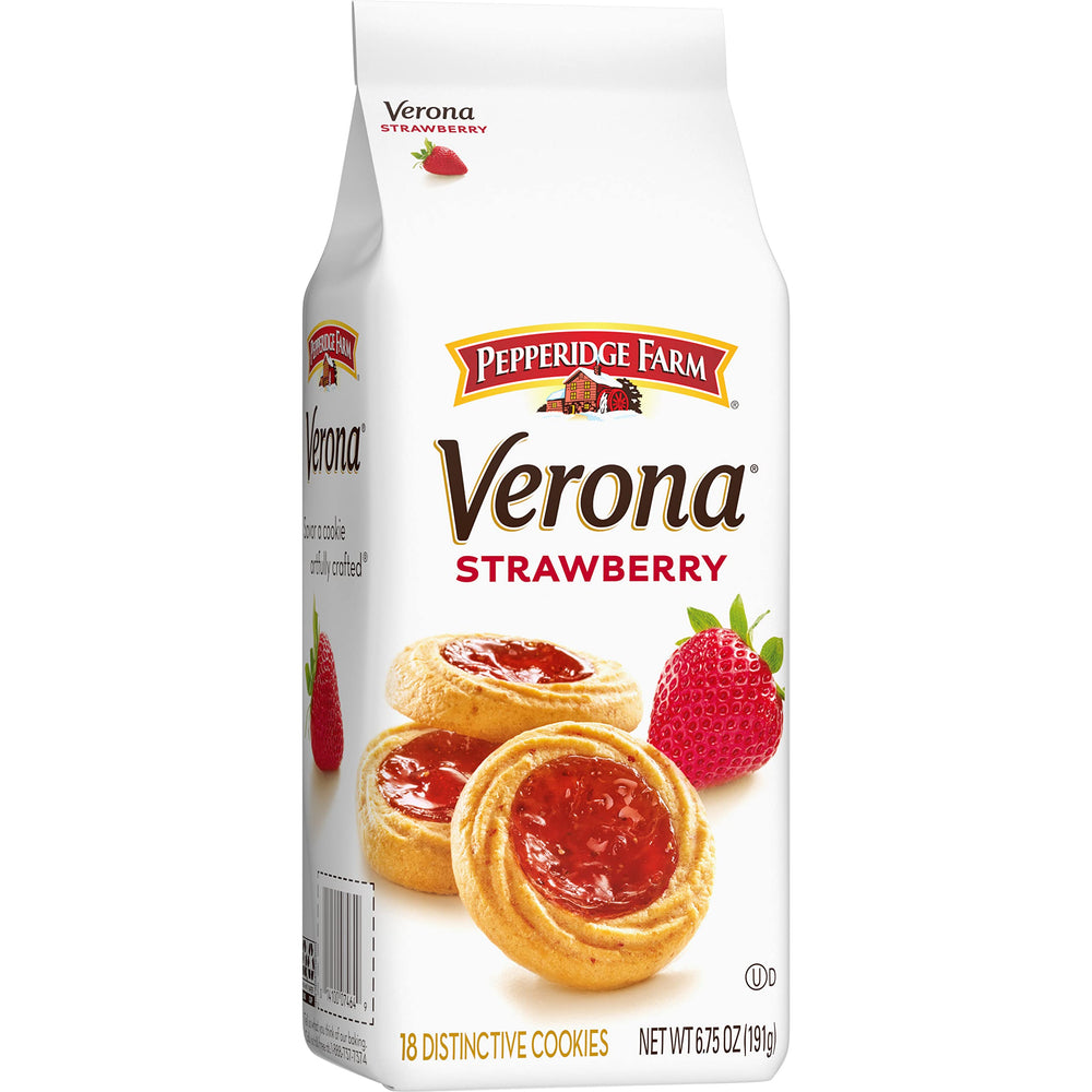 Pepperidge Farm Verona Strawberry Thumbprint Cookies 18-count bag shown for pantry snacks