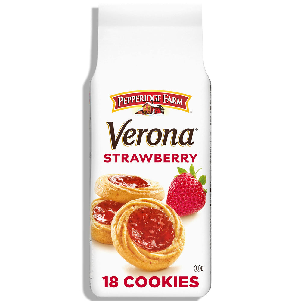 Pepperidge Farm Verona Strawberry Thumbprint Cookies packaging close-up for gifting or pantry storage