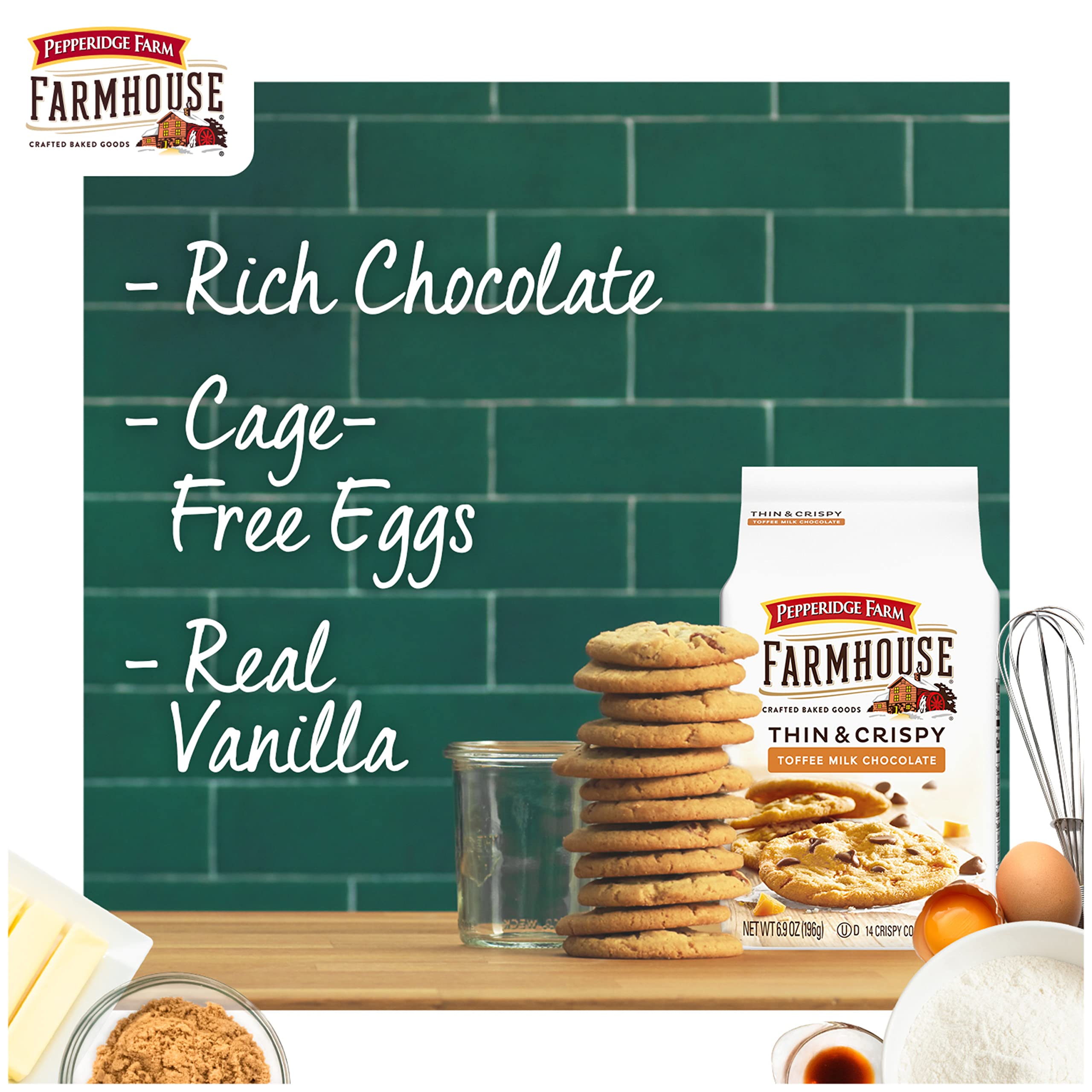 Pepperidge Farmhouse cookie with crisp edges and chocolate detail