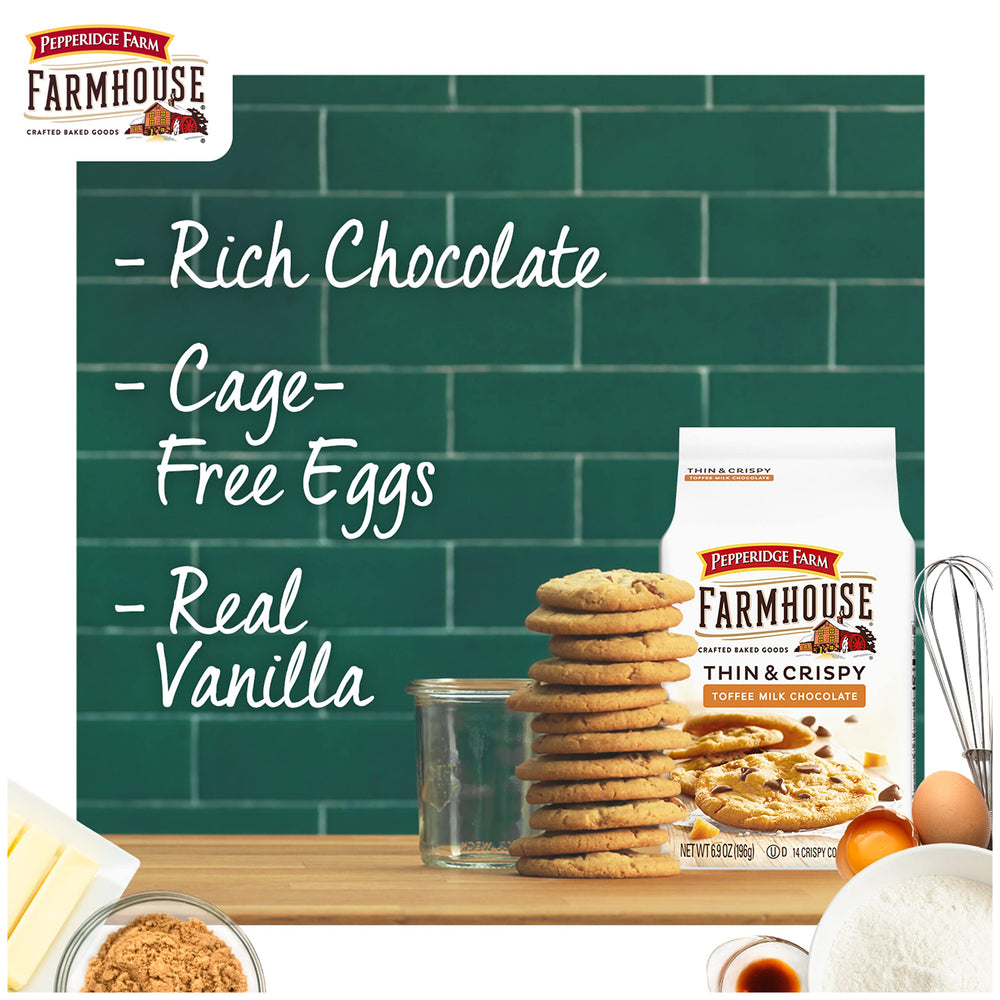 Pepperidge Farmhouse cookie with crisp edges and chocolate detail