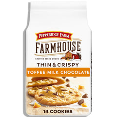 Pepperidge Farmhouse thin crispy toffee milk chocolate cookie closeup shows melt-in-your-mouth texture