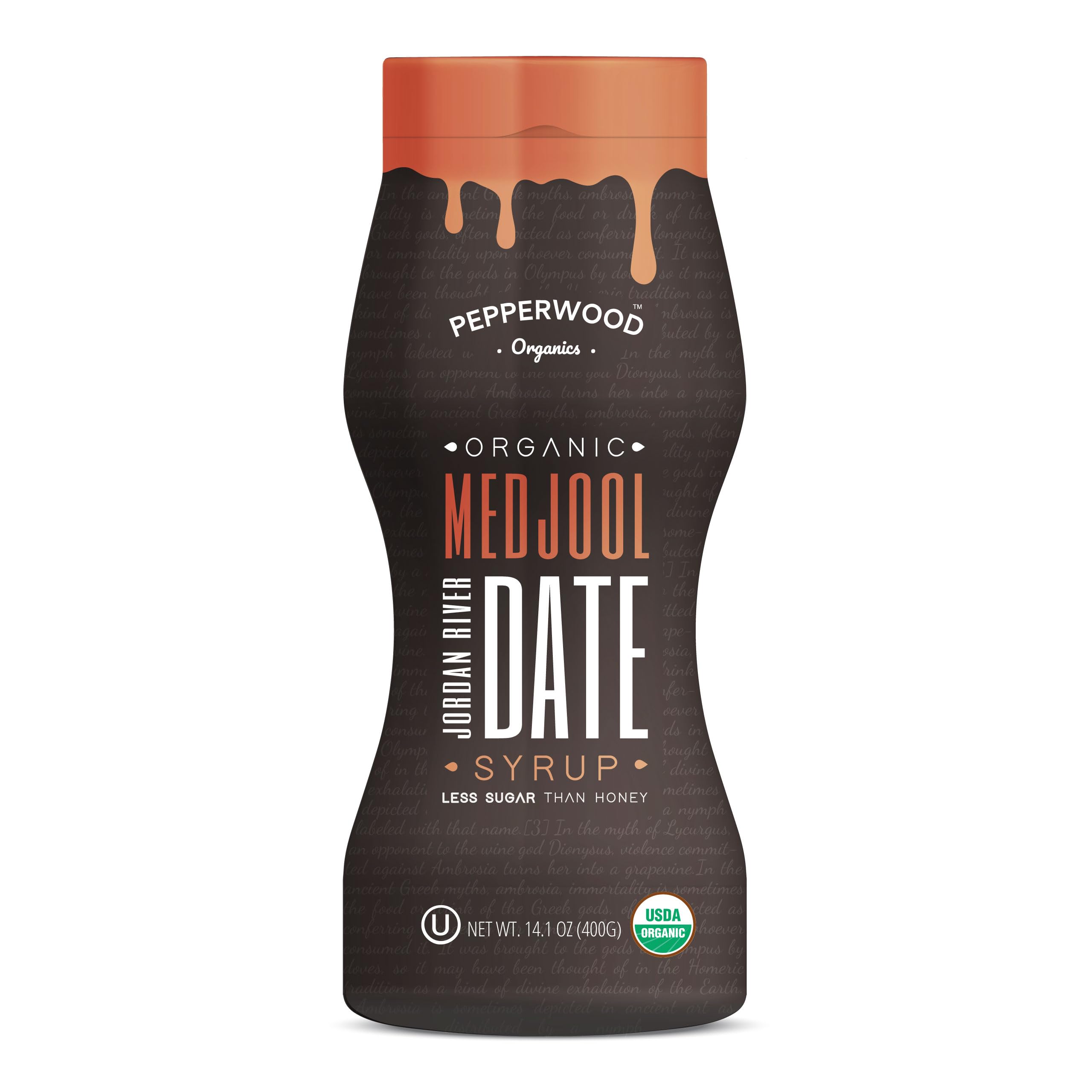 Pepperwood Organics Organic Medjool Date Syrup bottle shows pure date sweetness for recipes