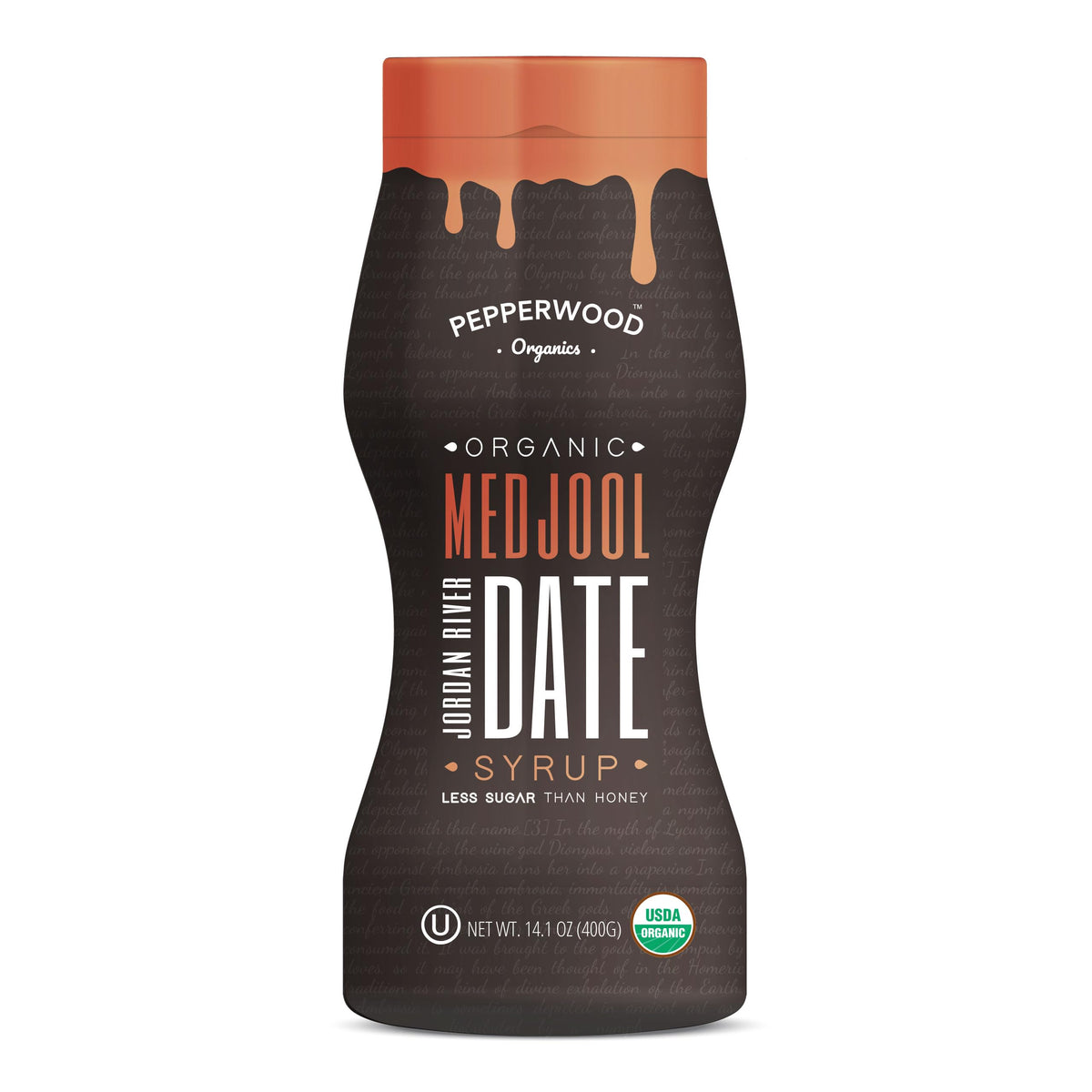Pepperwood Organics Organic Medjool Date Syrup bottle shows pure date sweetness for recipes