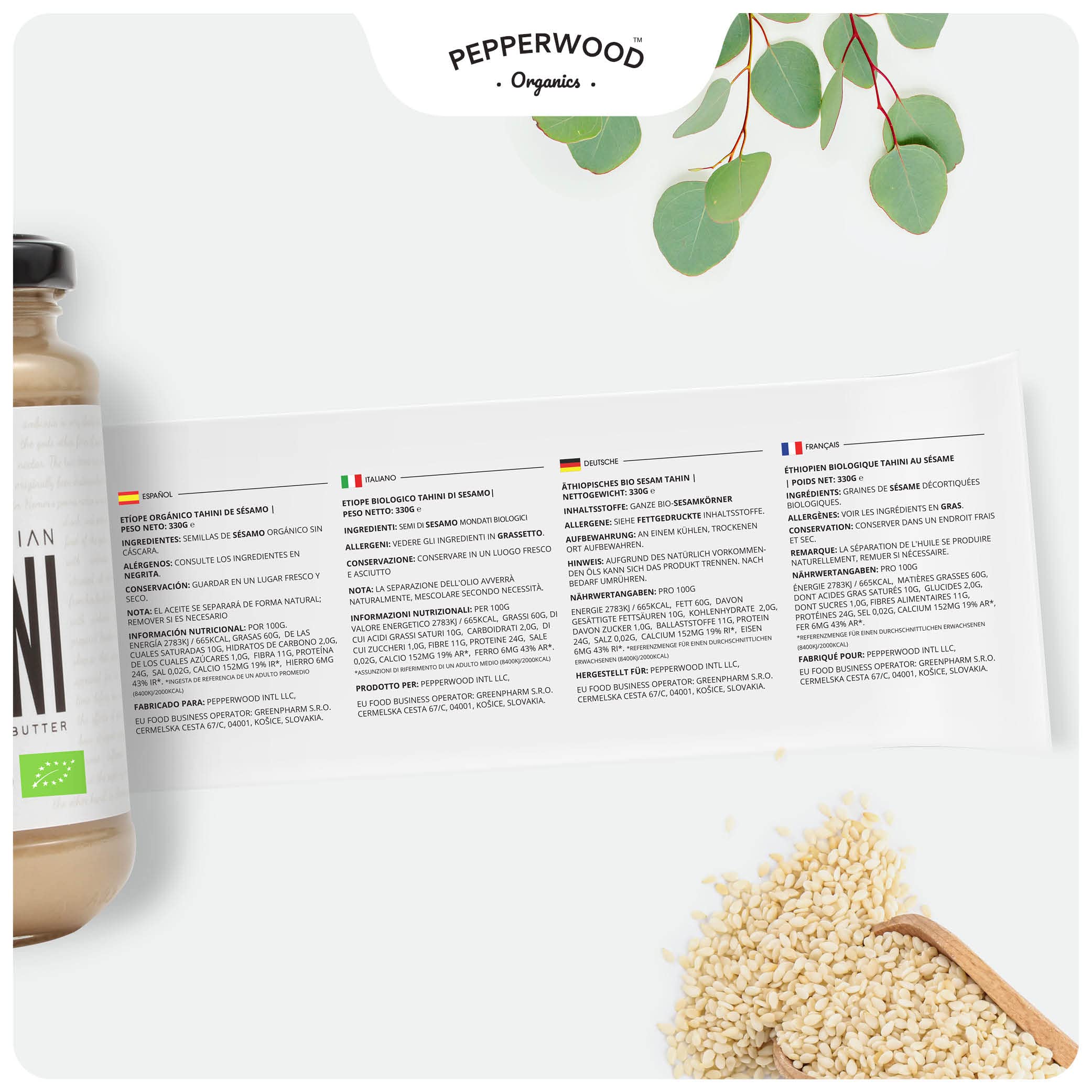 Pepperwood Organics tahini paste ingredients spread emphasizing sesame-forward use