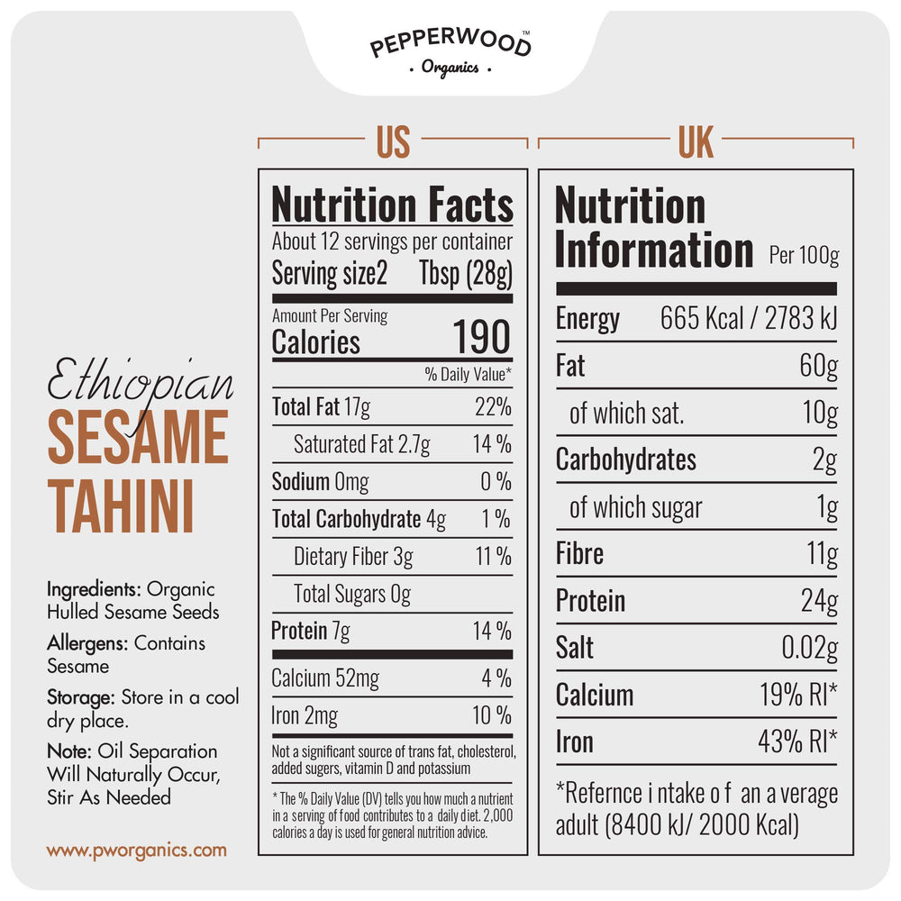 Pepperwood Organics tahini paste label view with organic and kosher certifications
