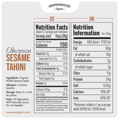Pepperwood Organics tahini paste label view with organic and kosher certifications