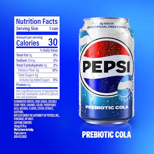 Close-up of Pepsi Prebiotic Cola can highlighting no artificial sweeteners