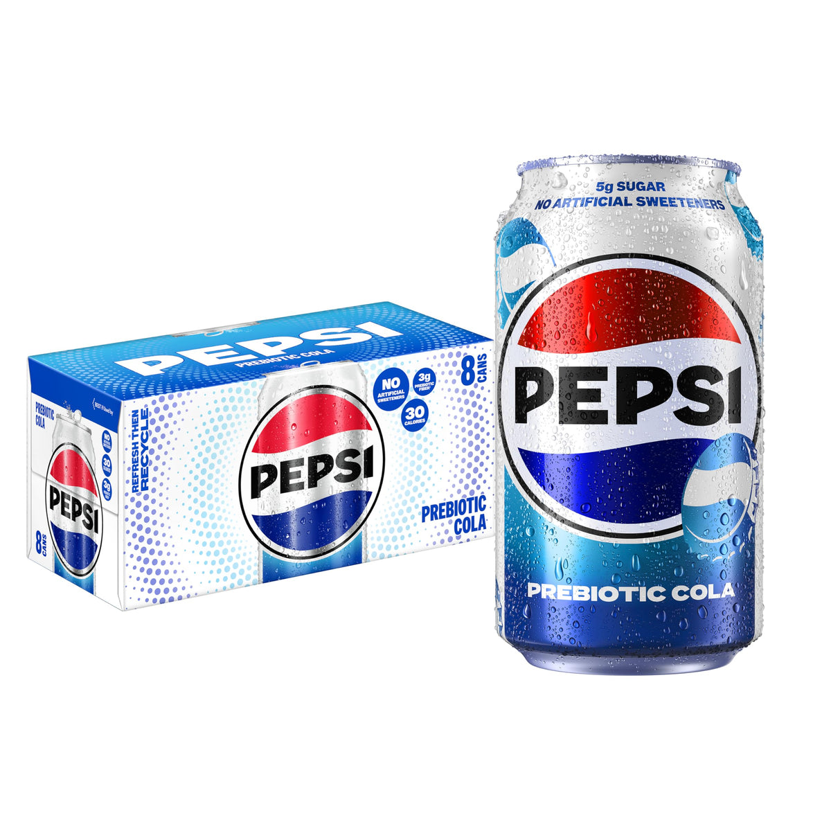 Pepsi Prebiotic Cola 8-pack cans on display showing packaging