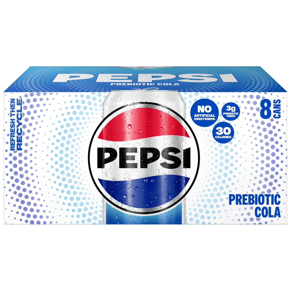 Pepsi Prebiotic Cola label close-up showing prebiotic fiber info