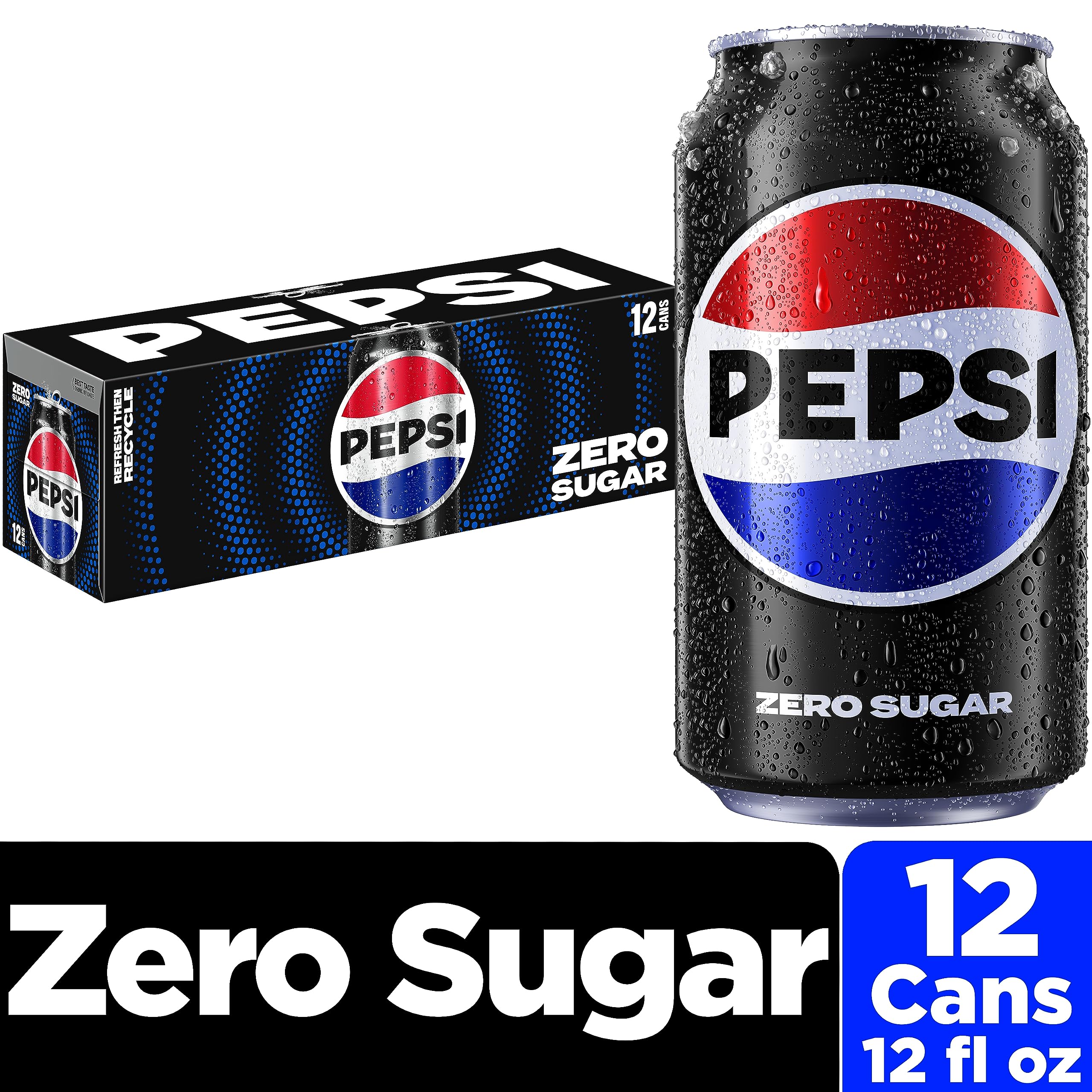 Pepsi Zero Sugar branding on can emphasizes bold cola flavor.
