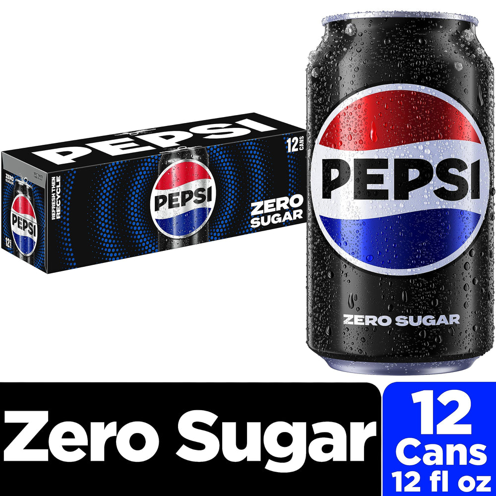 Pepsi Zero Sugar branding on can emphasizes bold cola flavor.