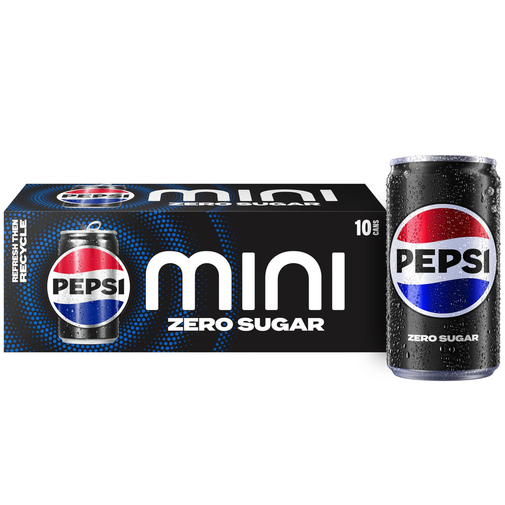 Pepsi Zero Sugar mini cans pack shot illustrating convenient 10-pack for on-the-go refreshment.