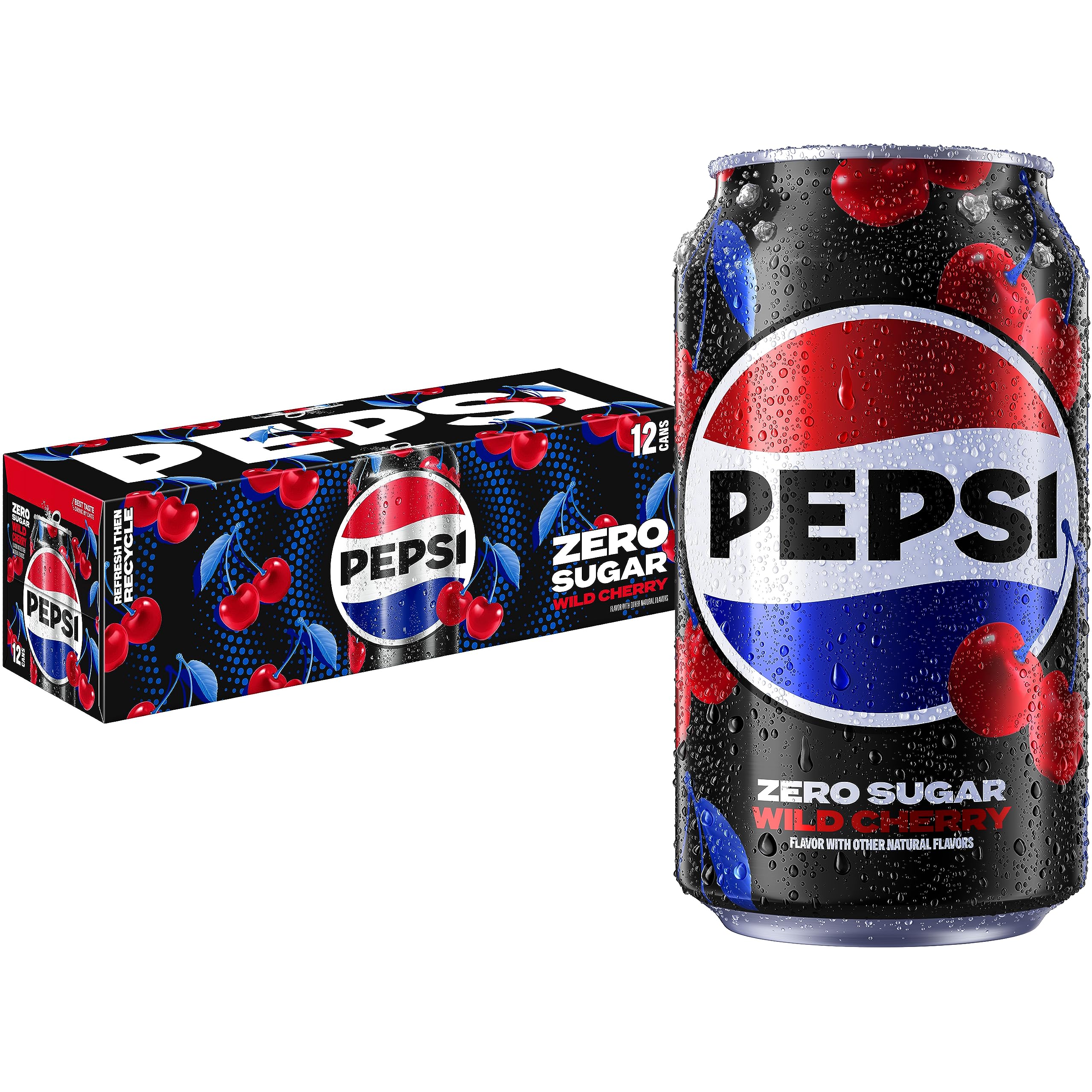 Pepsi Zero Sugar Wild Cherry cans front view for zero-calorie refreshment.