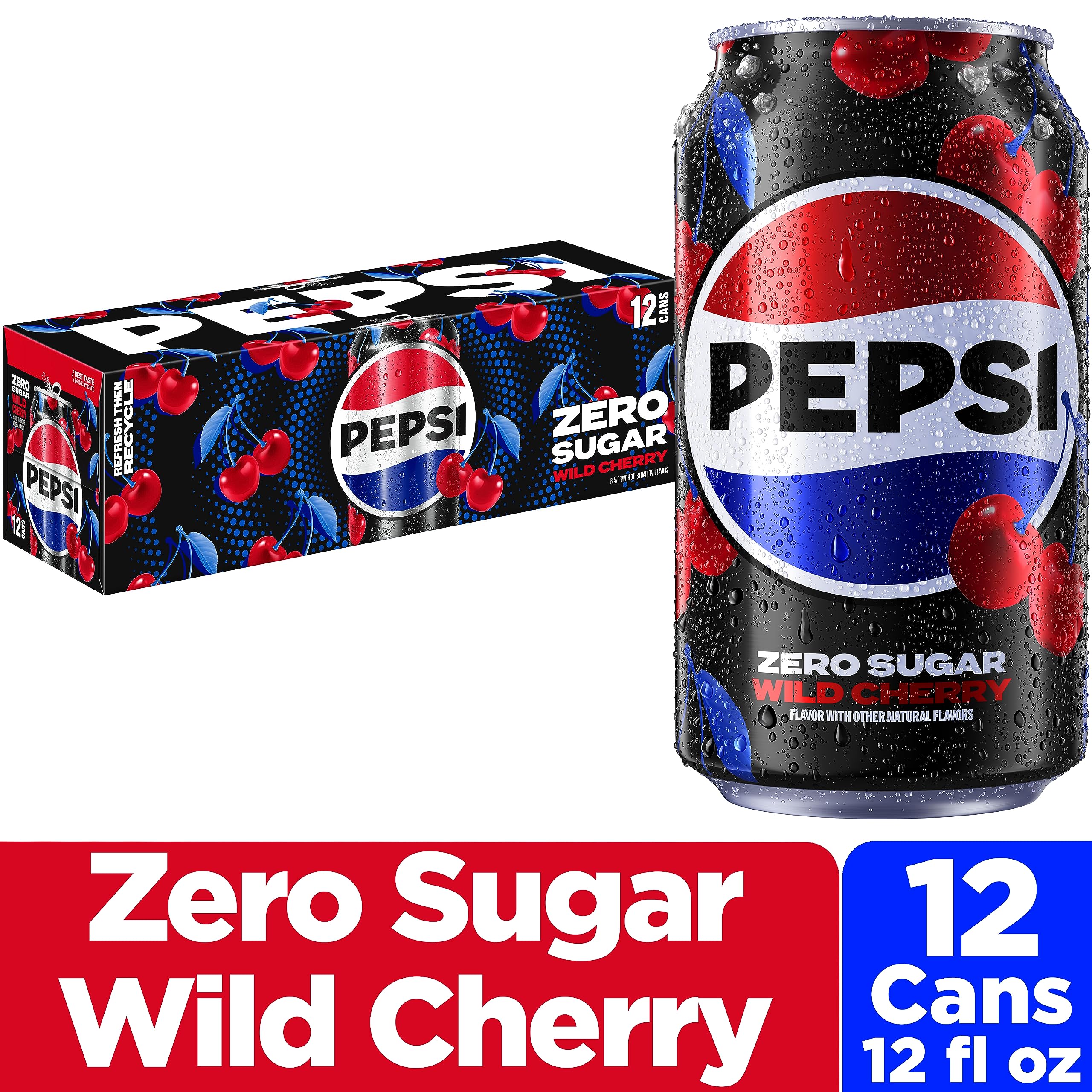 Closeup of the Wild Cherry label on Pepsi Zero Sugar can for branding.