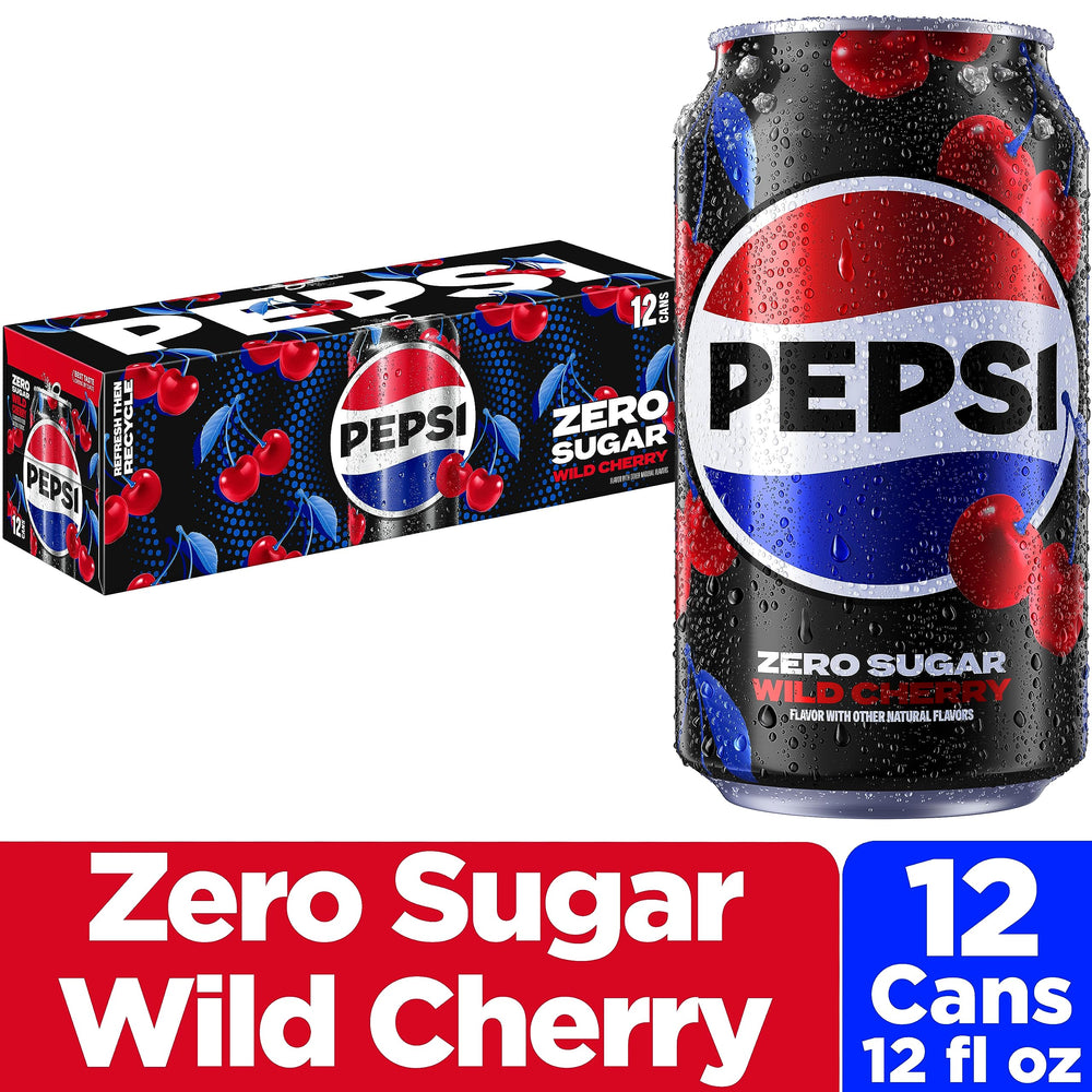 Closeup of the Wild Cherry label on Pepsi Zero Sugar can for branding.